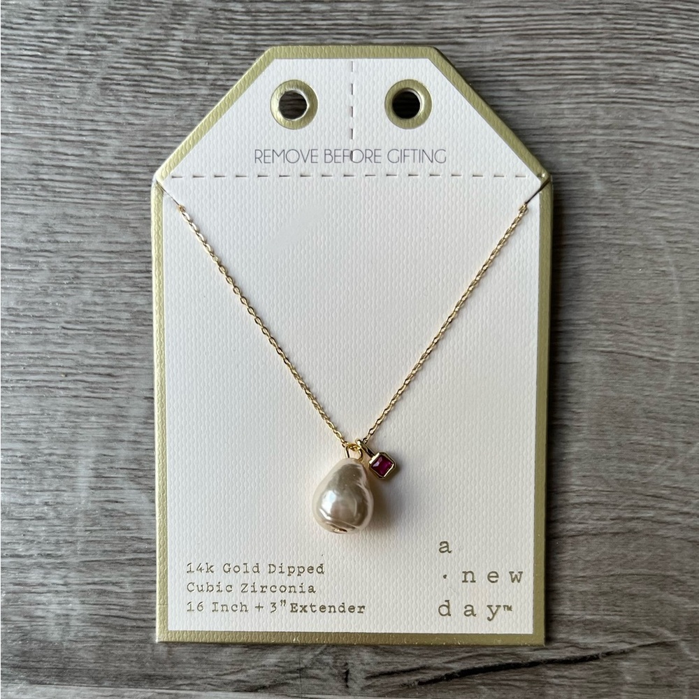 Gold-Dipped Pearl Pendant Necklace with Pink CZ Accent